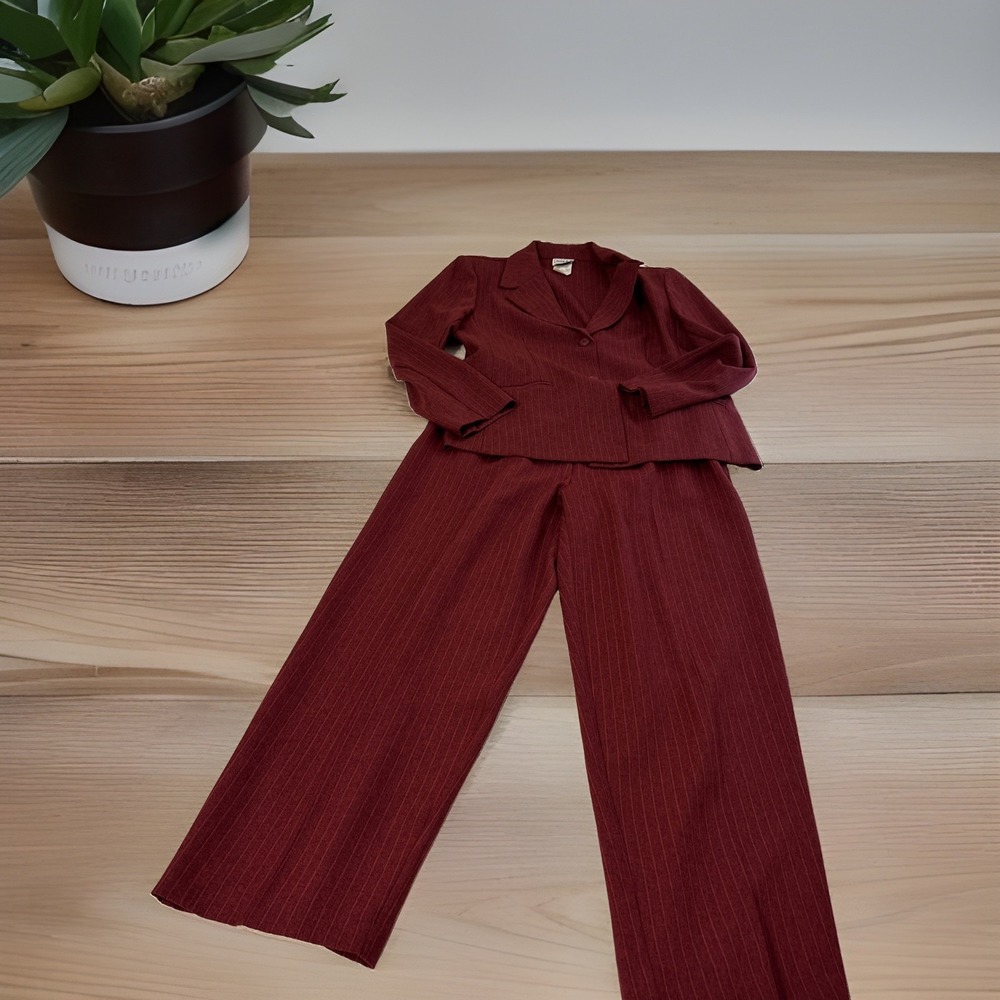 Vintage Nikki Burgundy Pinstripe Pantsuit Set 2pc Blazer 10P Trousers 12P